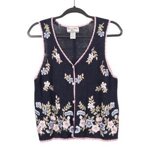 Floral Sweater Vest PS Navy Blue Pink Buttons 90s Momcore Grammacore Cottagecore